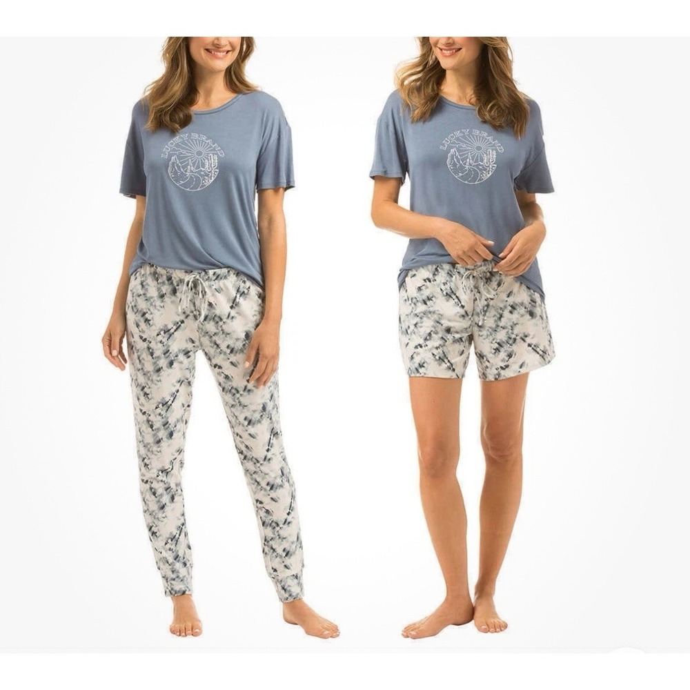 NEW Lucky Brand Women's 3X 3-Pc Pajama Set T-shirt Joggers Shorts Blue Tie Dye
